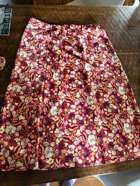 Ann Taylor Factory Red Floral A-Line Skirt with Yellow and Cream Accents